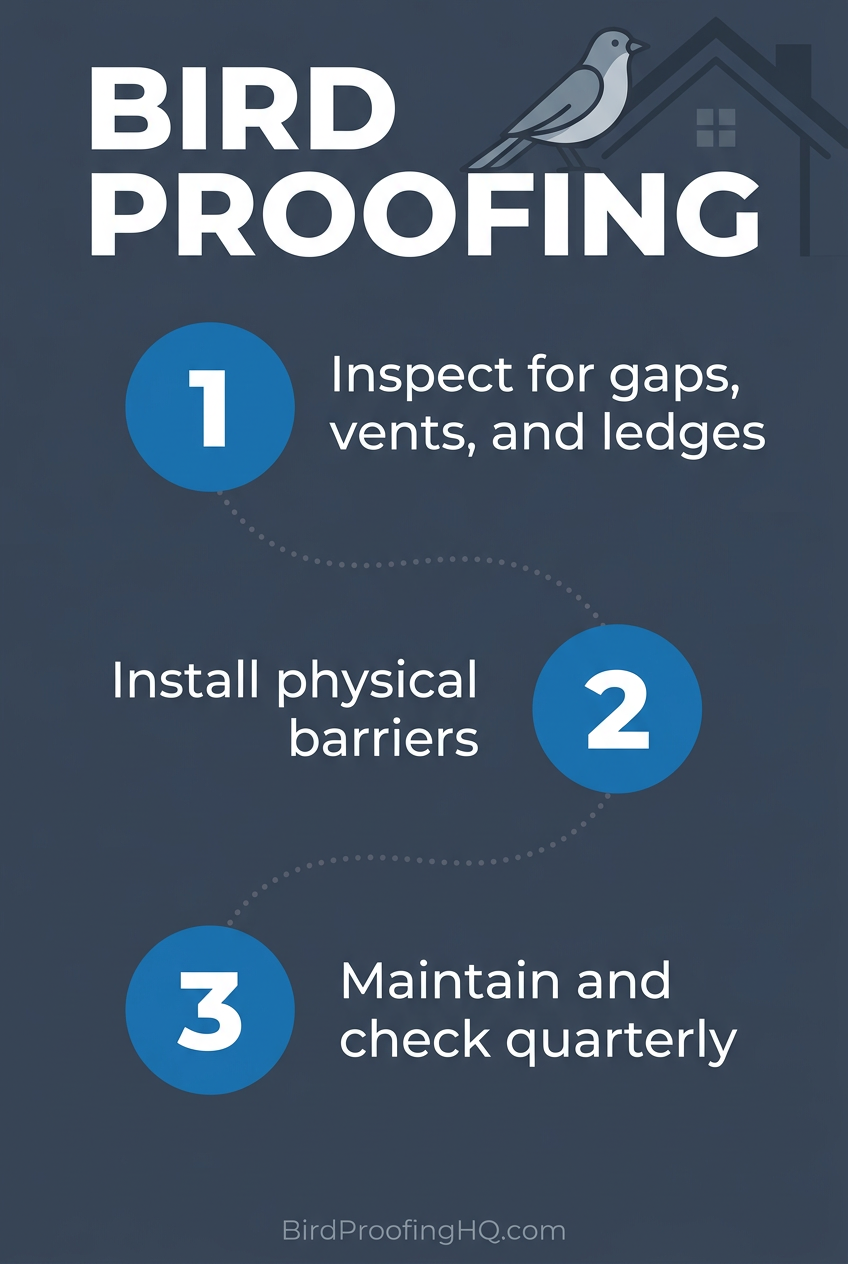 Bird Proofing Steps — 1: Inspect for gaps, vents, and ledges. 2: Install physical barriers. 3: Maintain and check quarterly