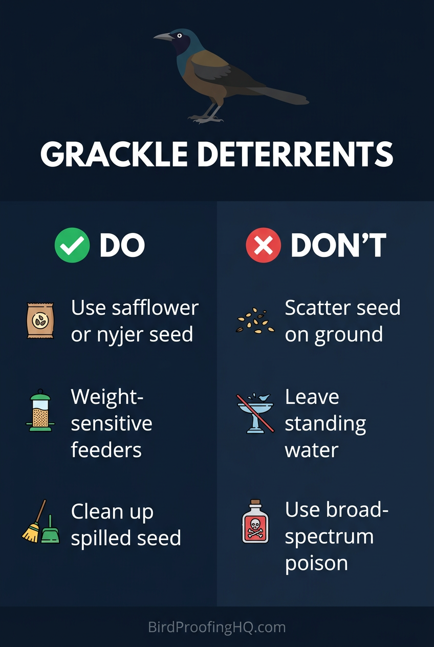 Grackle Deterrents — Do: use safflower seed, weight-sensitive feeders, clean up spilled seed. Do not: scatter seed, leave standing water, use poison