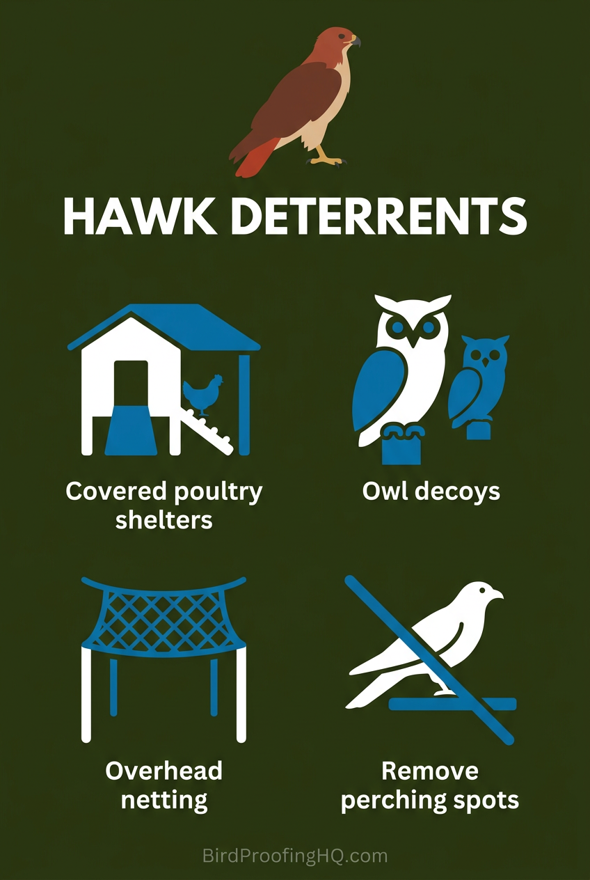 Hawk Deterrents — Covered poultry shelters, owl decoys, overhead netting, remove perching spots