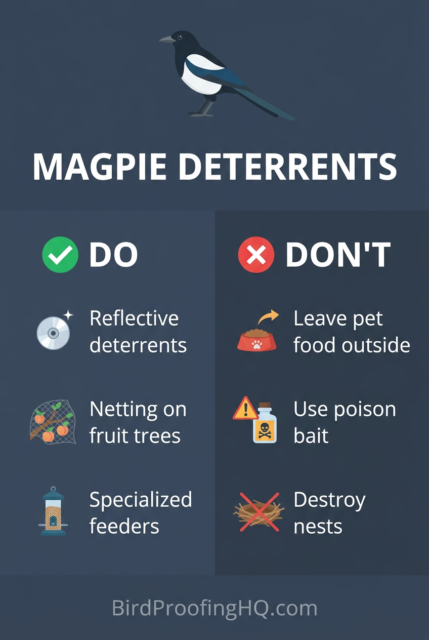 Magpie Deterrents — Do: reflective deterrents, netting on fruit trees, specialized feeders. Do not: leave pet food, use poison, destroy nests