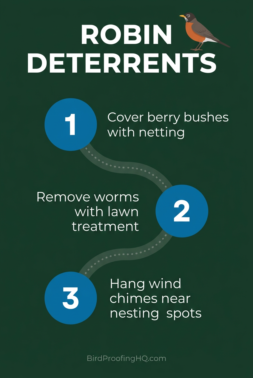 Robin Deterrents — Cover berry bushes with netting, remove worms with lawn treatment, hang wind chimes