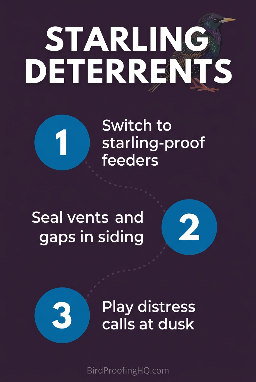 Starling Deterrents — Switch to starling-proof feeders, seal vents and gaps, play distress calls at dusk