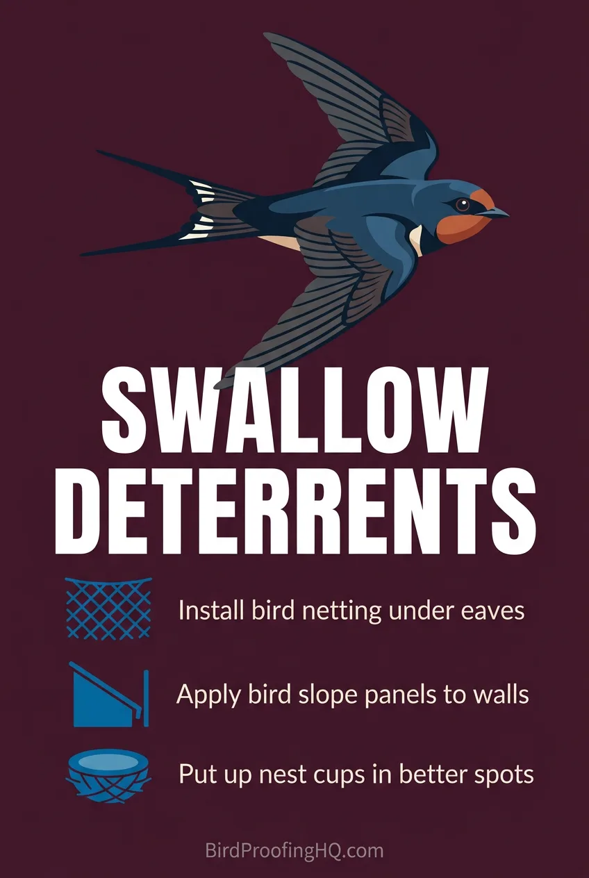 Swallow deterrents: install bird netting under eaves and apply bird slope panels to walls