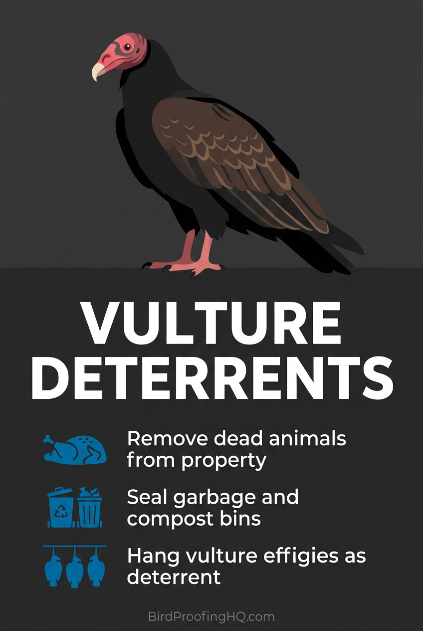 Vulture Deterrents — Remove dead animals from property, seal garbage and compost bins, hang vulture effigies