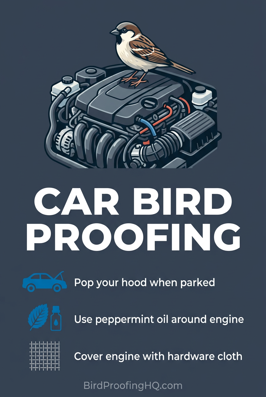 Car Bird Proofing — Pop your hood when parked, use peppermint oil around engine, cover engine with hardware cloth