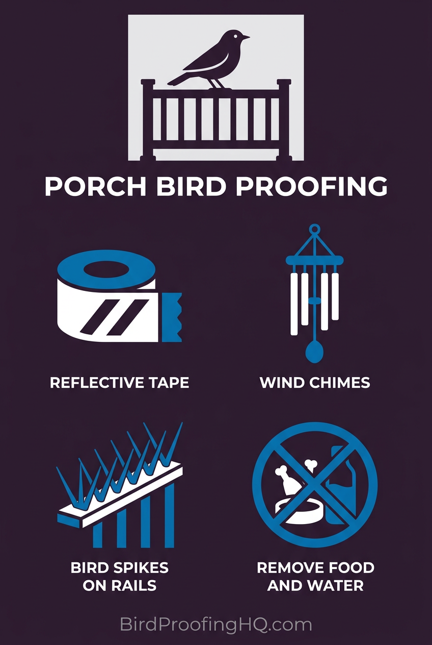 Porch Bird Proofing — Reflective tape, wind chimes, bird spikes on rails, remove food and water sources