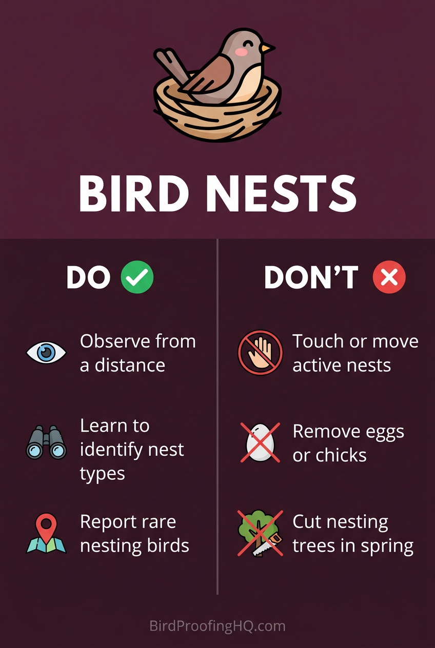 Bird Nests — Do: observe from distance, learn to identify types, report rare birds. Do not: touch active nests, remove eggs, cut nesting trees in spring