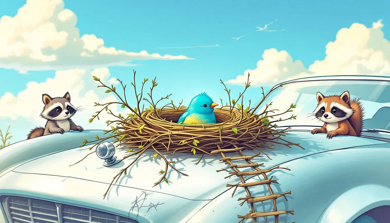 A car hood with a bird nest hidden underneath the engine compartment