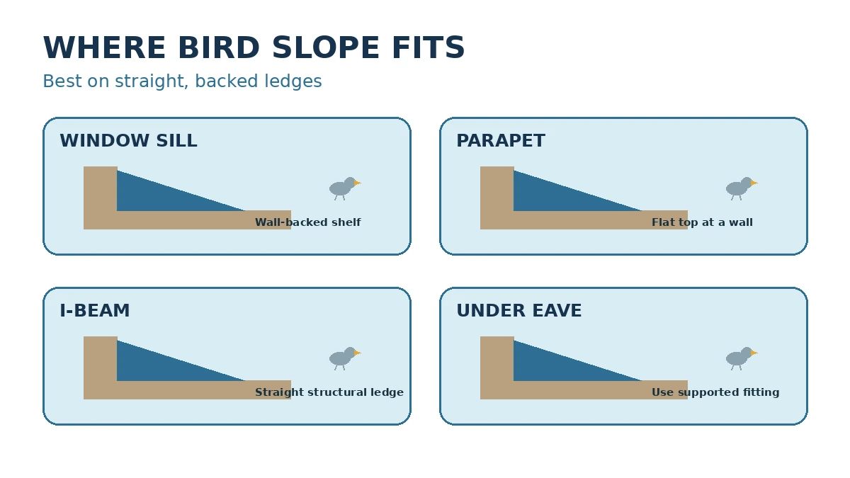 Bird slope shown on a window sill, parapet, I-beam, and under an eave