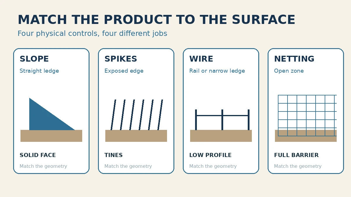 Comparison of bird slope, bird spikes, bird wire, and bird netting by the surface each protects