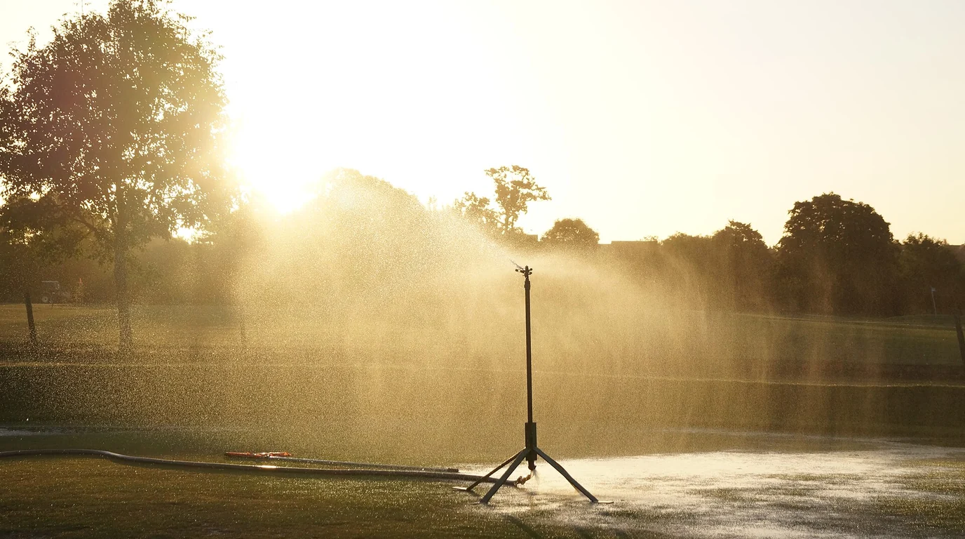 A lawn sprinkler spraying water across grass in warm evening light