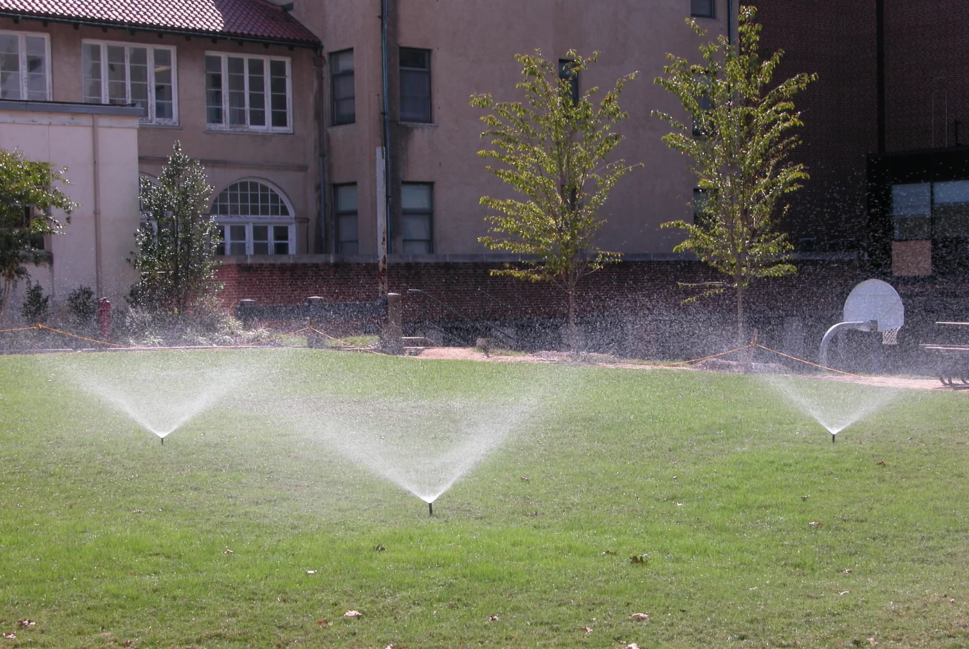 Water sprays crossing a lawn, the same surprise-spray principle used by a motion-activated pond sprinkler
