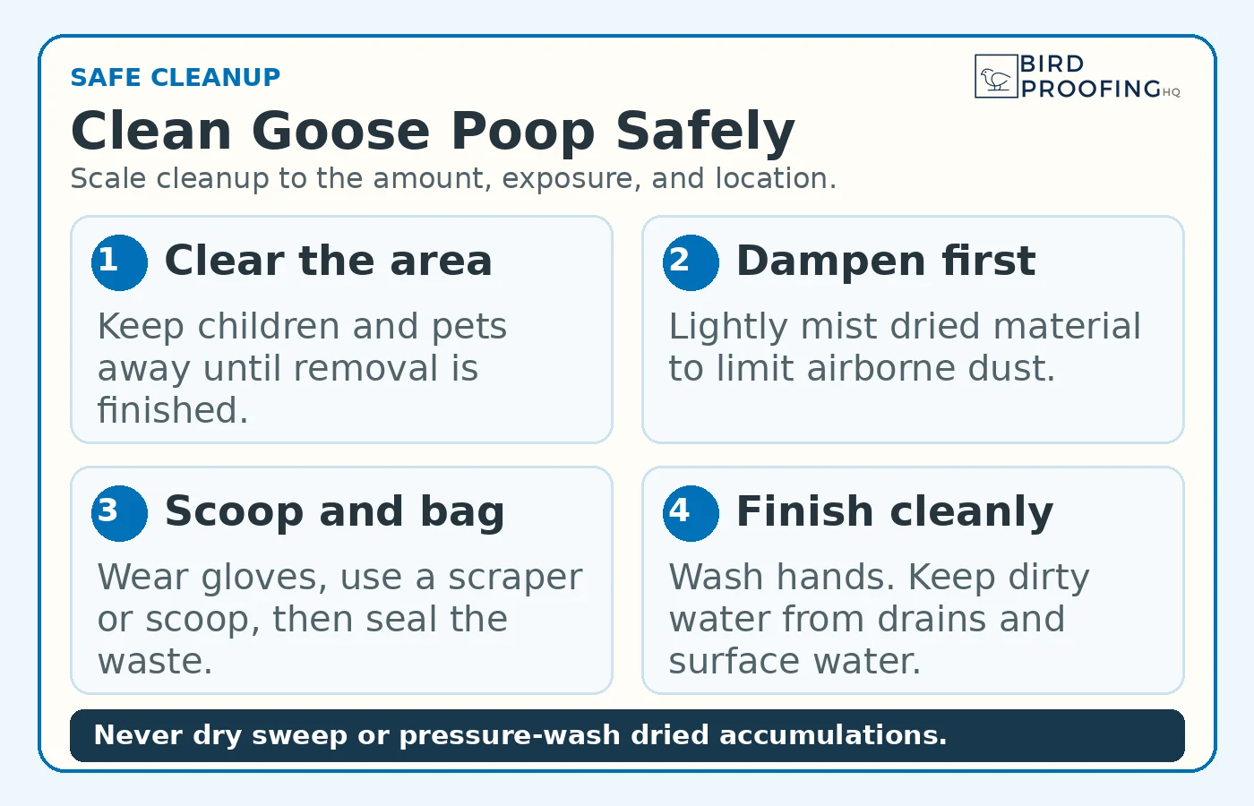 Four steps for cleaning goose droppings without spreading dust or runoff