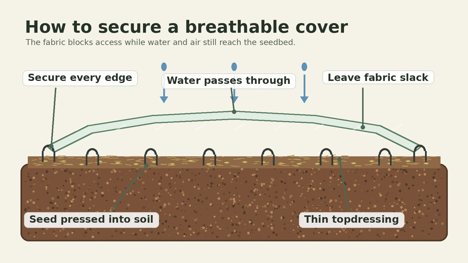 Diagram showing grass seed pressed into soil under a slack breathable cover secured at every edge